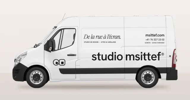 Maquette : fourgon blanc au lettrage Studio Msittef