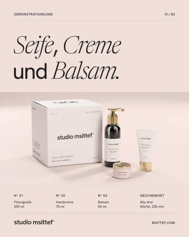 Post: «Seife, Creme und Balsam.» über der Demonstrationslinie in 3D auf rosa Grund
