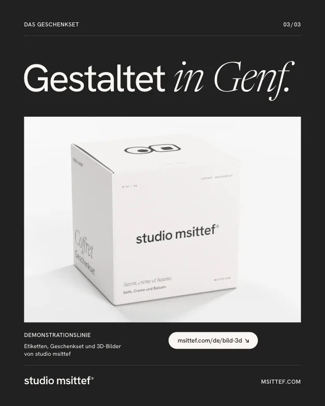 Post: «Gestaltet in Genf.», das Geschenkset in 3D und der Link zur Seite Bild & 3D