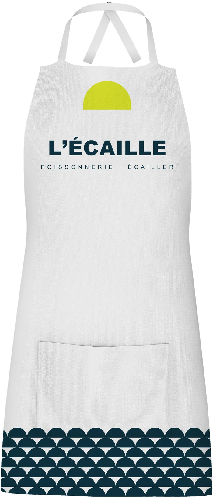 Tablier bavoir blanc de L’ÉCAILLE, marquage marine et citron, frise d’écailles en pied